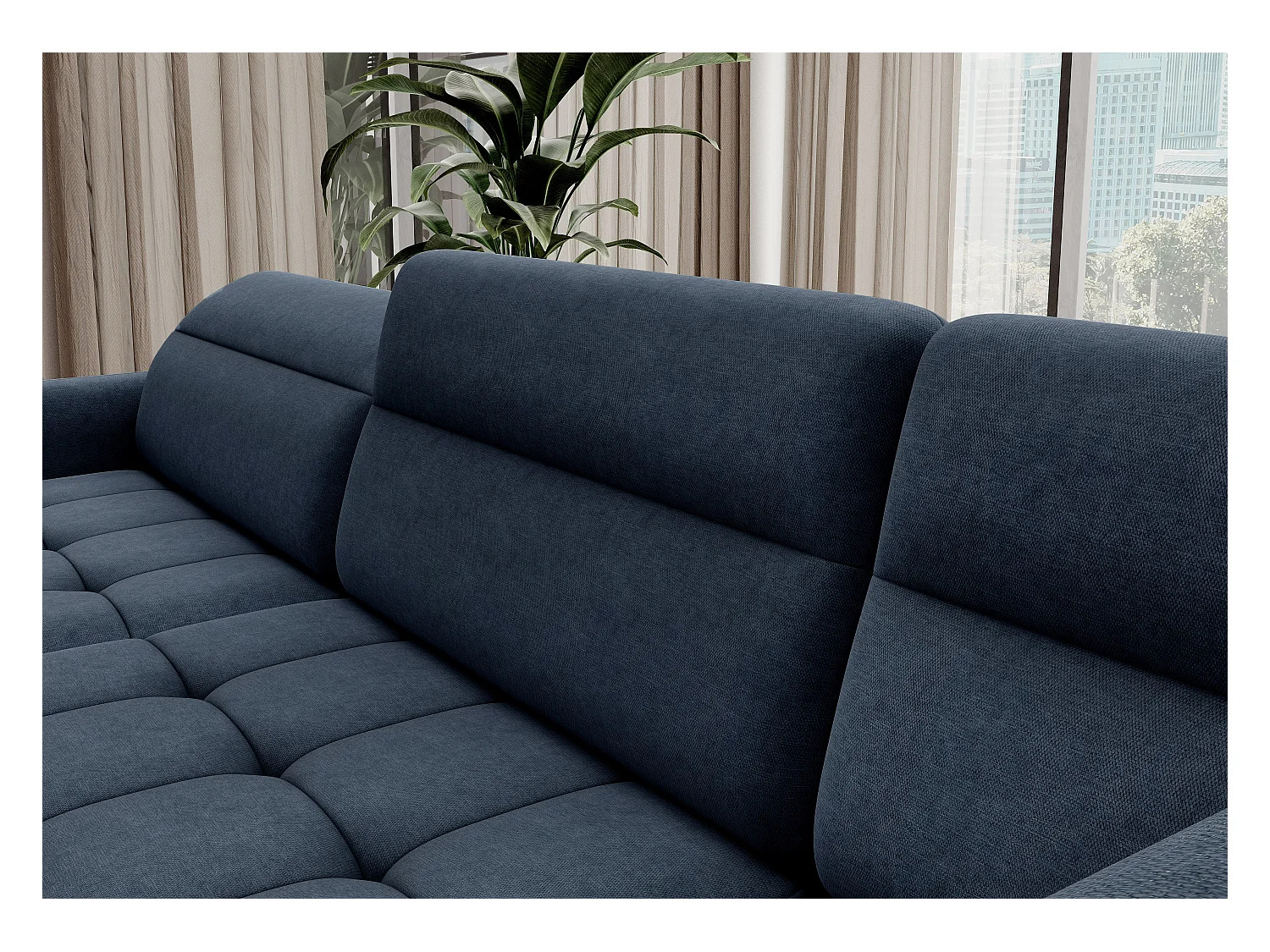 Canapé panoramique convertible BENTO en tissu avec coffre de rangement-Bleu-angle gauche