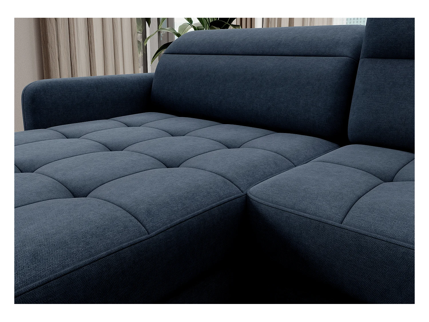 Canapé panoramique convertible BENTO en tissu avec coffre de rangement-Bleu-angle gauche