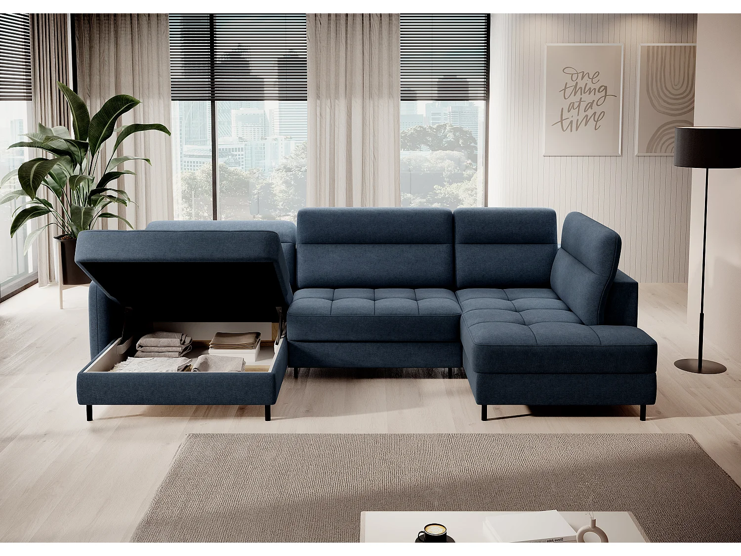 Canapé panoramique convertible BENTO en tissu avec coffre de rangement-Bleu-angle gauche