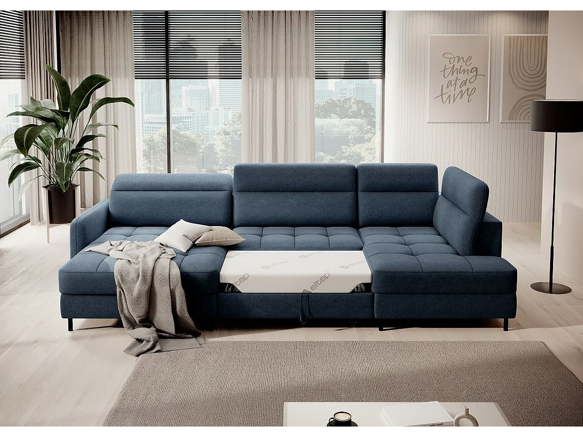 Canapé panoramique convertible BENTO en tissu avec coffre de rangement-Bleu-angle gauche