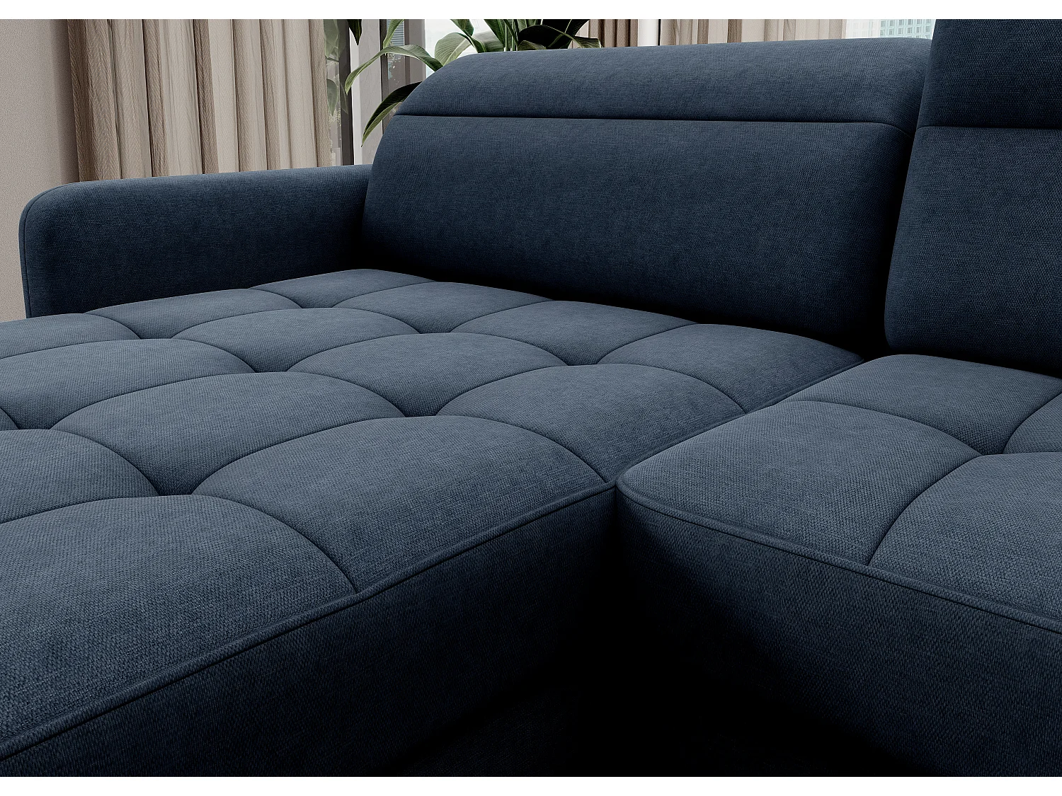 Canapé panoramique convertible BENTO en tissu avec coffre de rangement-Bleu-angle gauche