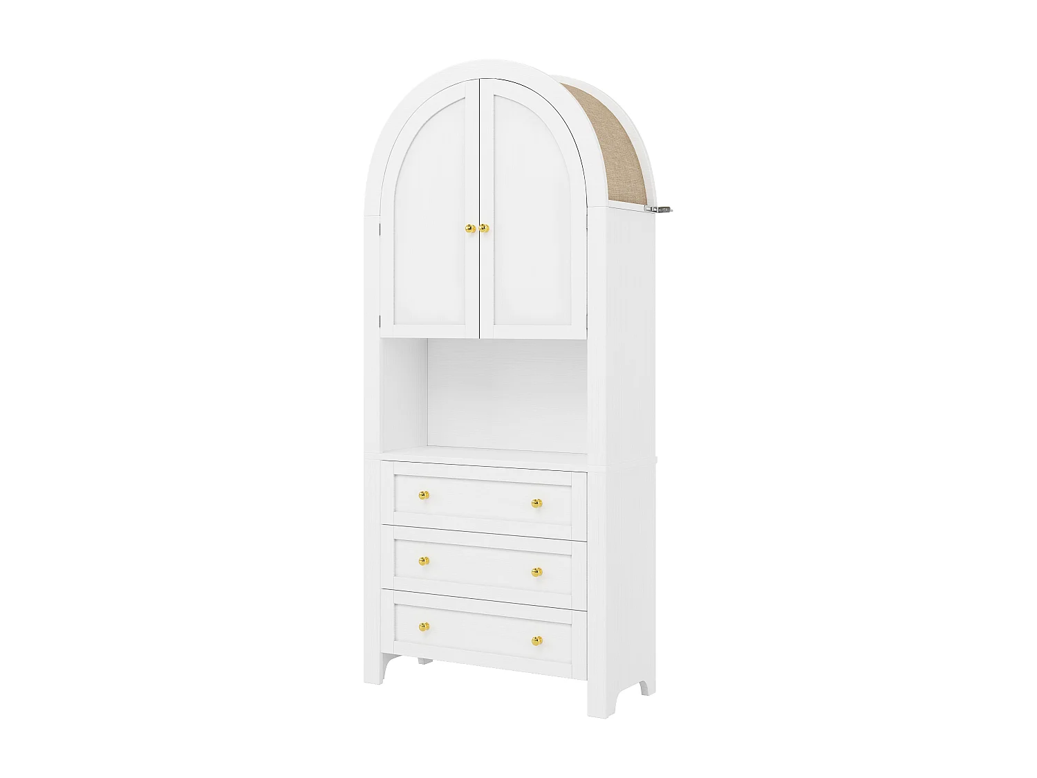 Aparador de cozinha com 2 portas, 3 gavetas e 1 nicho, corpo branco com puxadores em metal dourado - 70x35x180cm