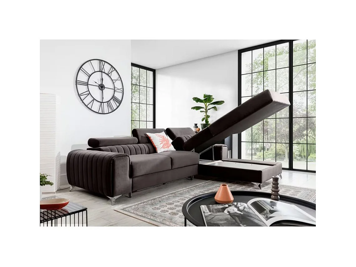 Canapé d'angle convertible velours têtière réglables GRENKY - Coffre, pieds acier chromé-Marron-angle droit