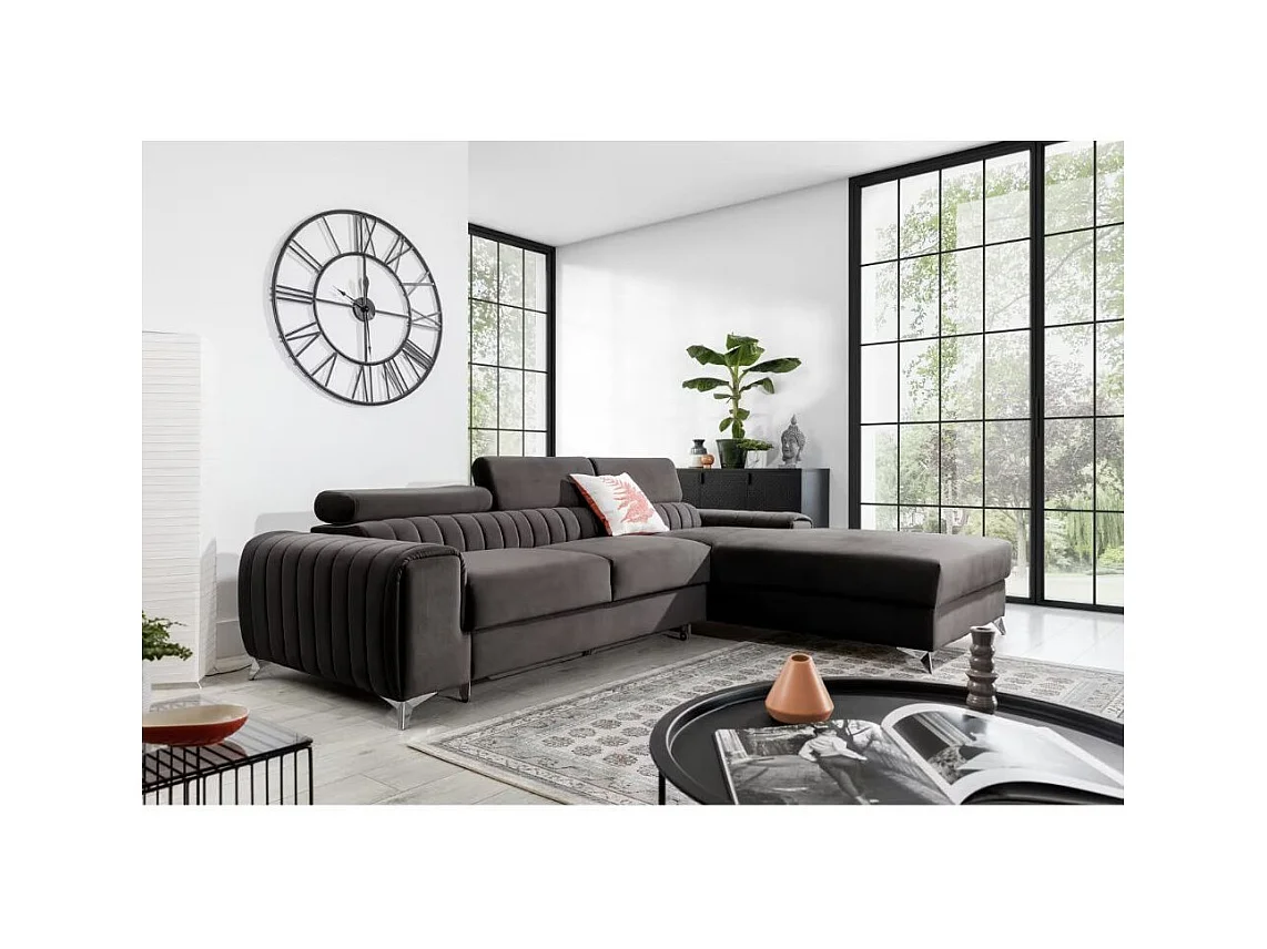 Canapé d'angle convertible velours têtière réglables GRENKY - Coffre, pieds acier chromé-Marron-angle droit