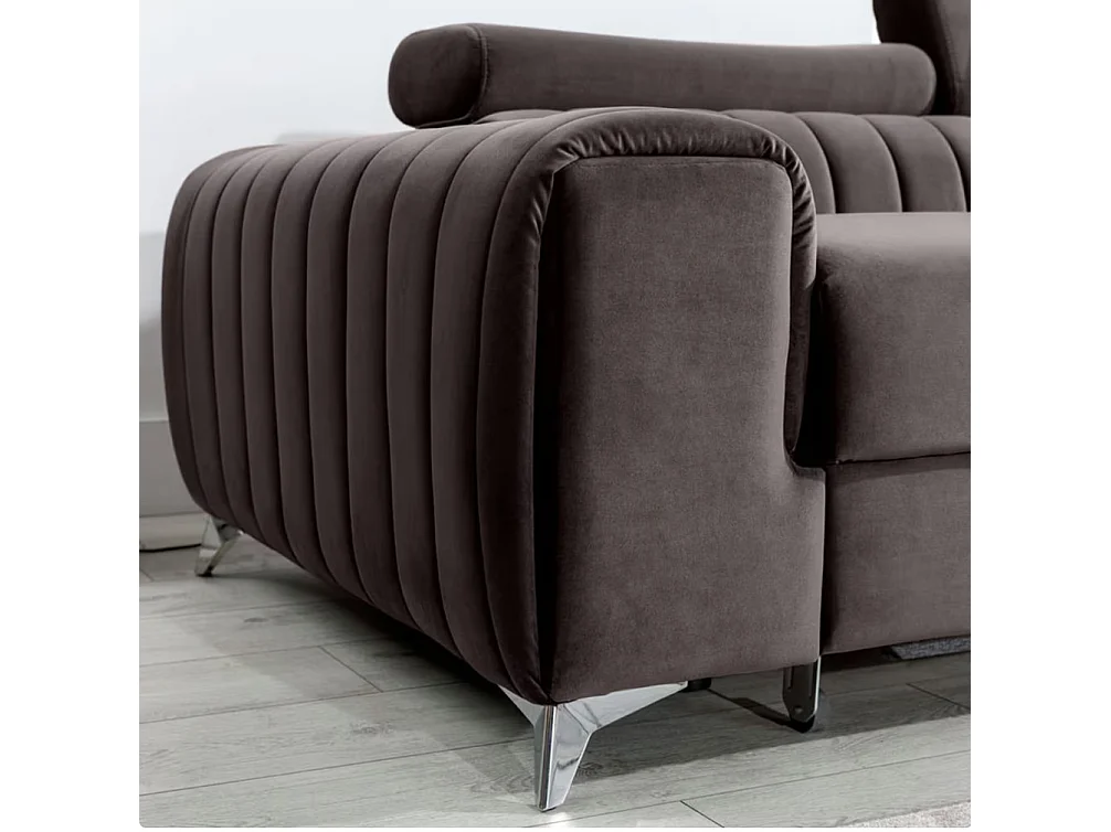 Canapé d'angle convertible velours têtière réglables GRENKY - Coffre, pieds acier chromé-Marron-angle droit