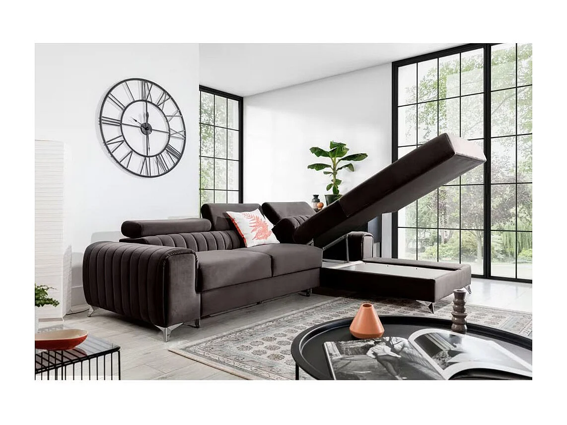 Canapé d'angle convertible velours têtière réglables GRENKY - Coffre, pieds acier chromé-Marron-angle droit