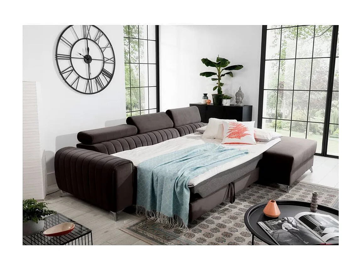 Canapé d'angle convertible velours têtière réglables GRENKY - Coffre, pieds acier chromé-Marron-angle droit