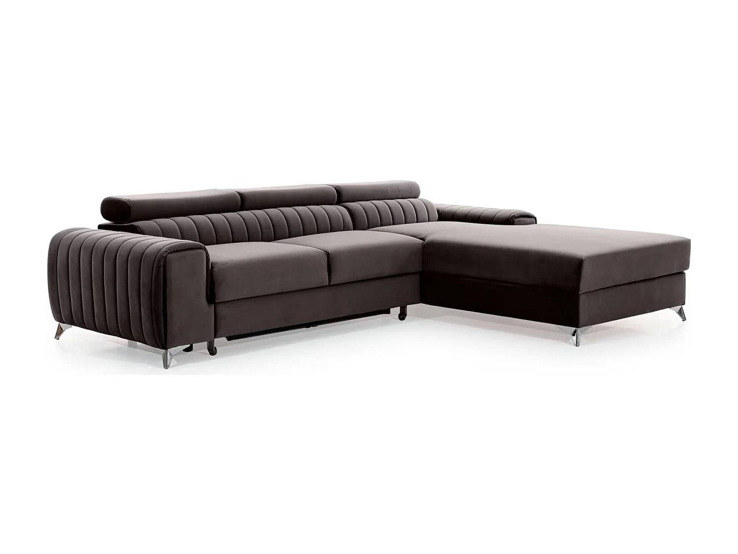 Canapé d'angle convertible velours têtière réglables GRENKY - Coffre, pieds acier chromé-Marron-angle droit