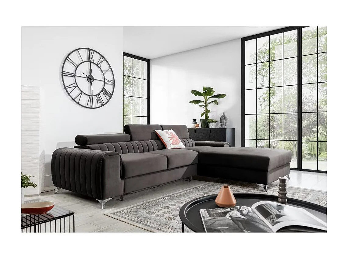 Canapé d'angle convertible velours têtière réglables GRENKY - Coffre, pieds acier chromé-Marron-angle droit