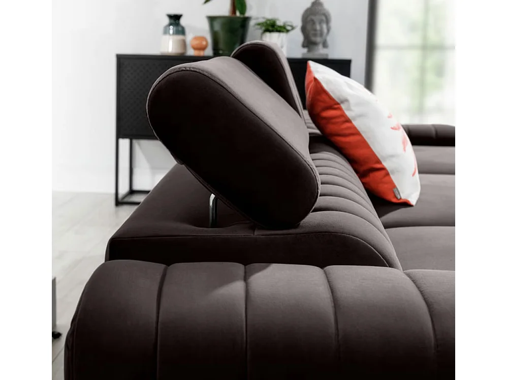 Canapé d'angle convertible velours têtière réglables GRENKY - Coffre, pieds acier chromé-Marron-angle droit