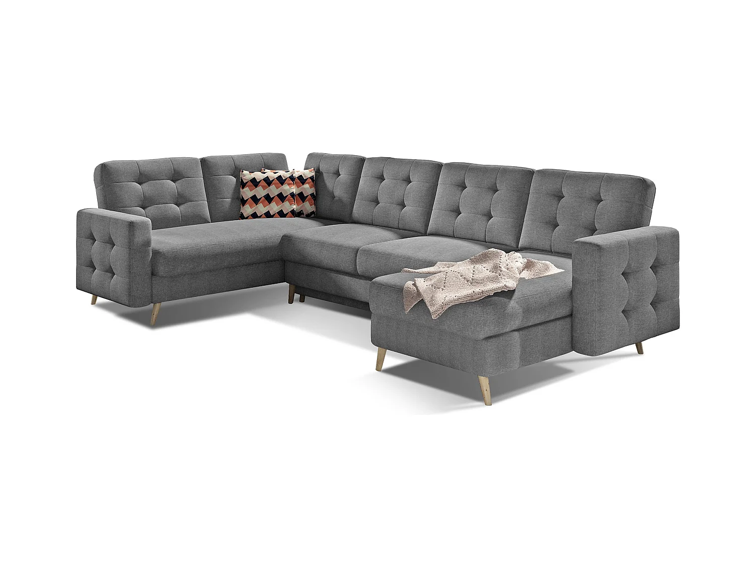 Canapé panoramique convertible ANSKA en tissu - Pieds bois naturel-Gris