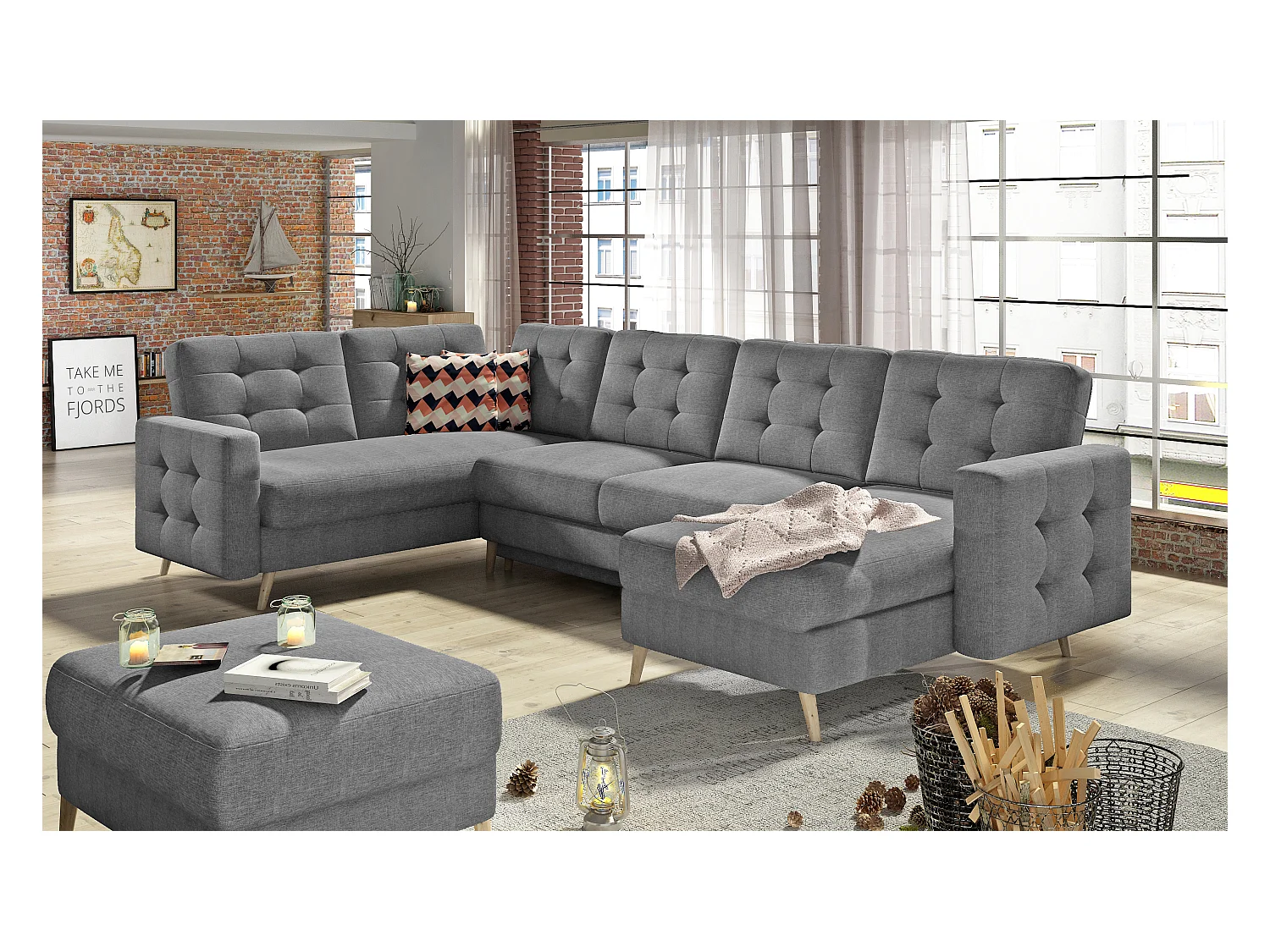 Canapé panoramique convertible ANSKA en tissu - Pieds bois naturel-Gris