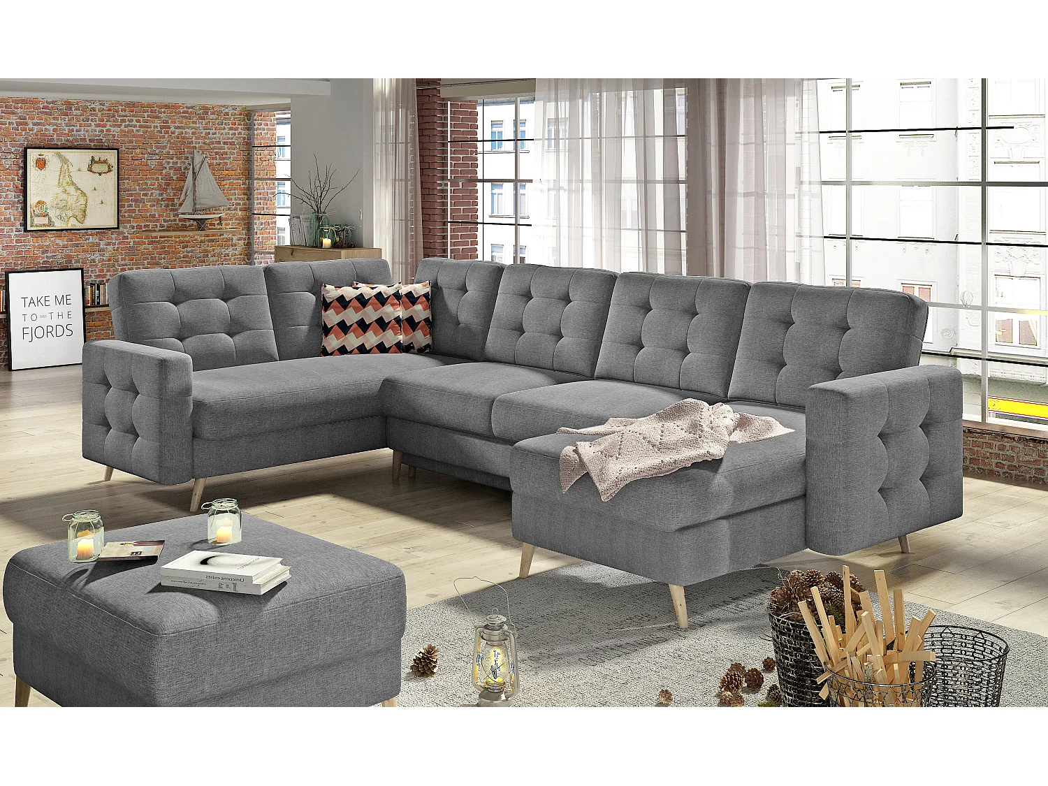 Canapé panoramique convertible ANSKA en tissu - Pieds bois naturel-Gris