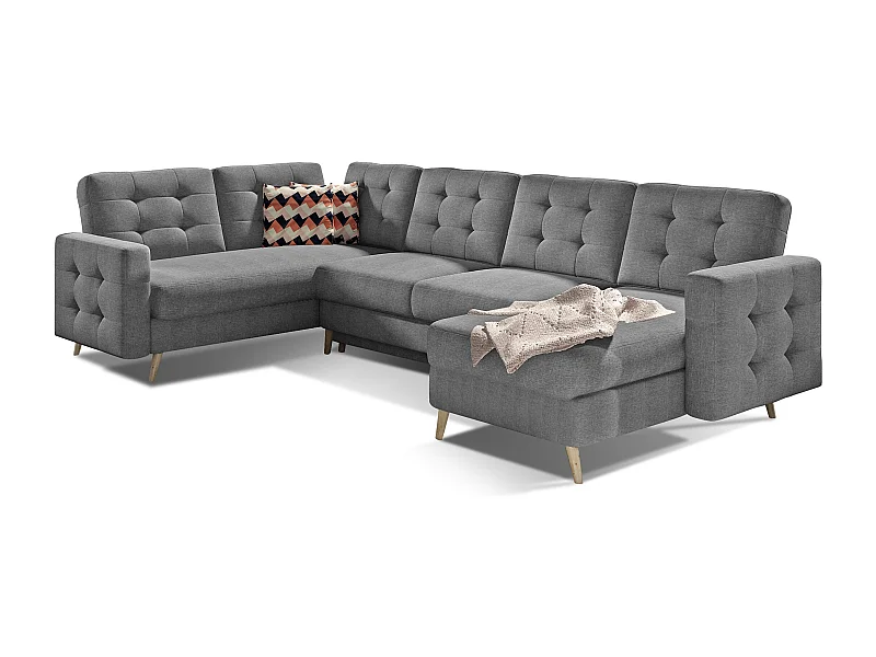 Canapé panoramique convertible ANSKA en tissu - Pieds bois naturel-Gris