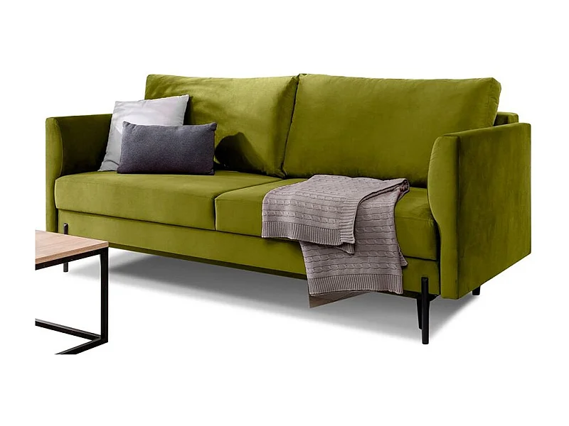 Canapé convertible en tissu ROBBY – Rangement et pieds métal noir-Vert olive