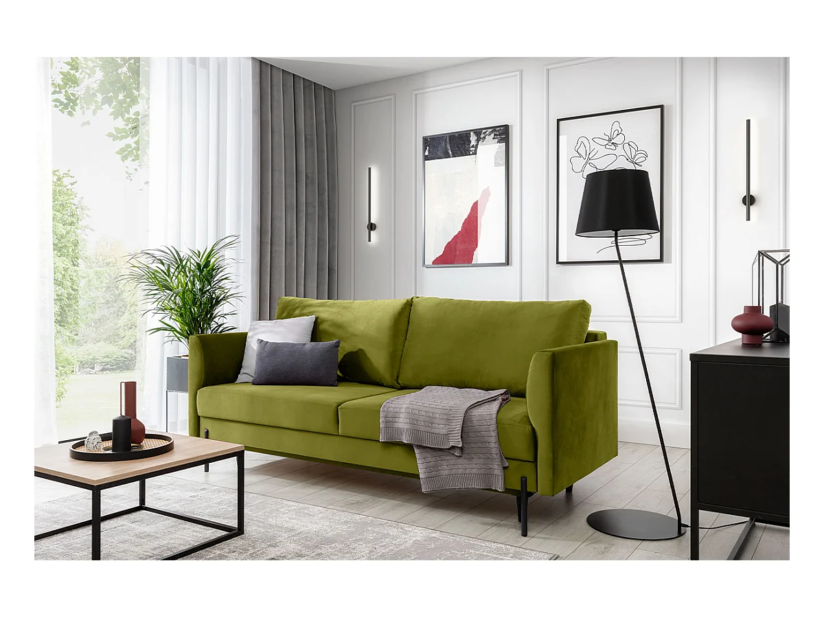 Canapé convertible en tissu ROBBY – Rangement et pieds métal noir-Vert olive