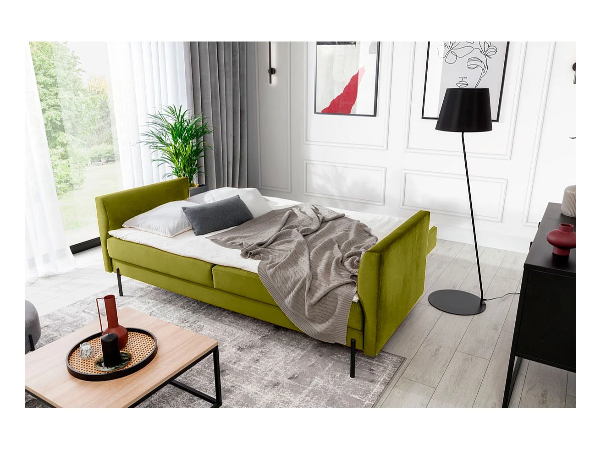 Canapé convertible en tissu ROBBY – Rangement et pieds métal noir-Vert olive