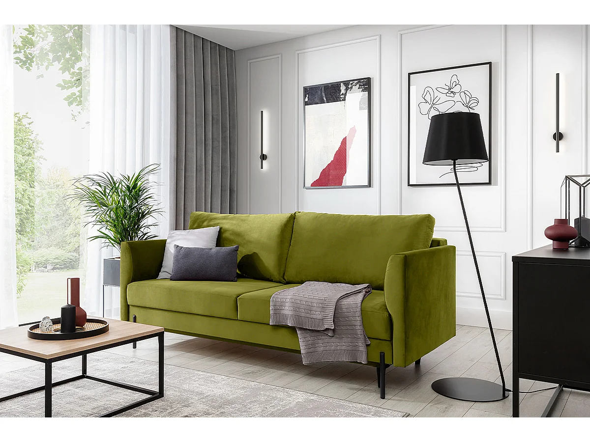 Canapé convertible en tissu ROBBY – Rangement et pieds métal noir-Vert olive