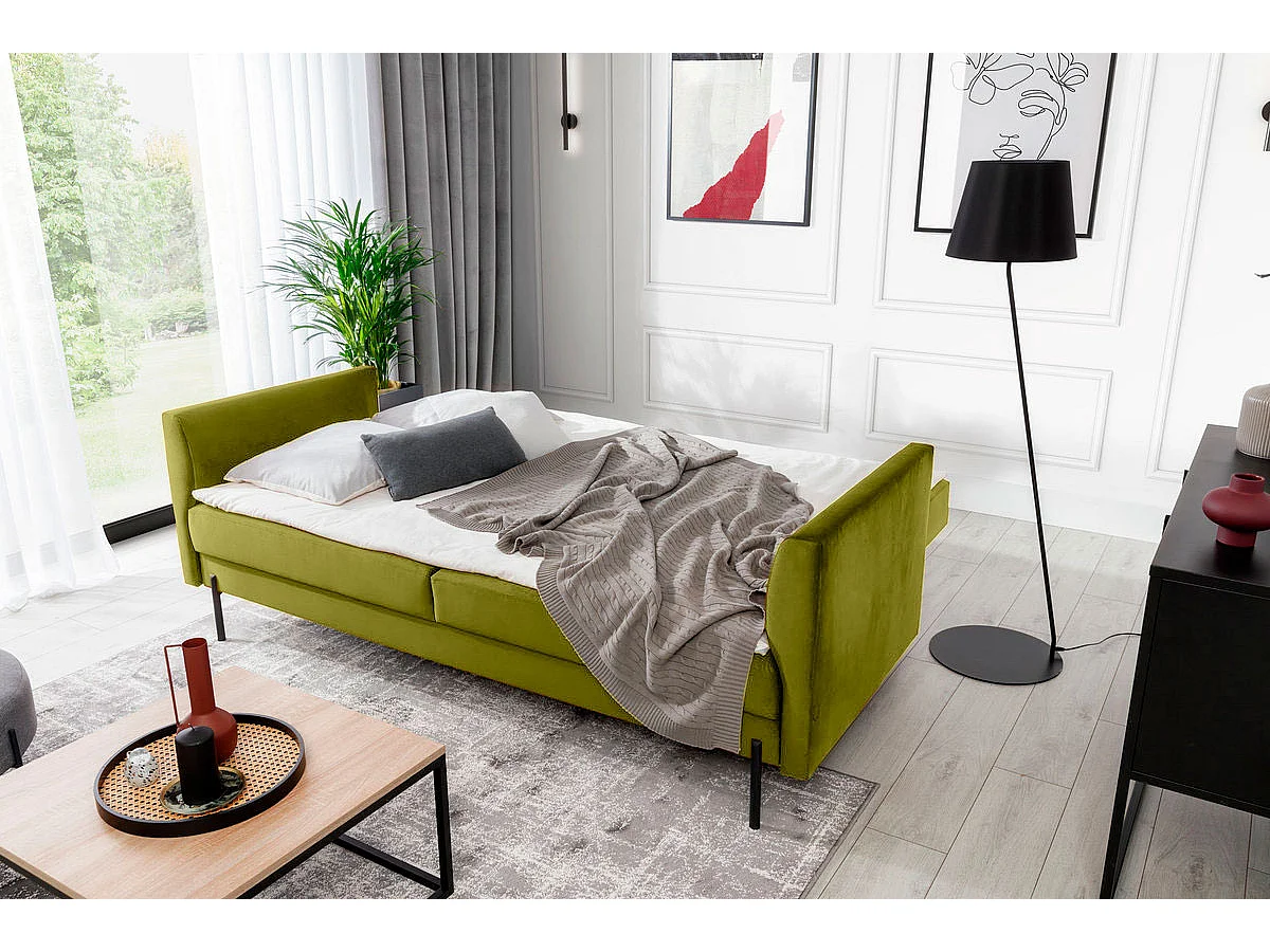 Canapé convertible en tissu ROBBY – Rangement et pieds métal noir-Vert olive