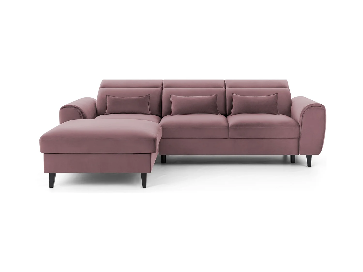 Canapé d'angle convertible velours appuis-tête réglables ASTORIA - Coffre et pieds bois noir-Vieux rose-angle gauche