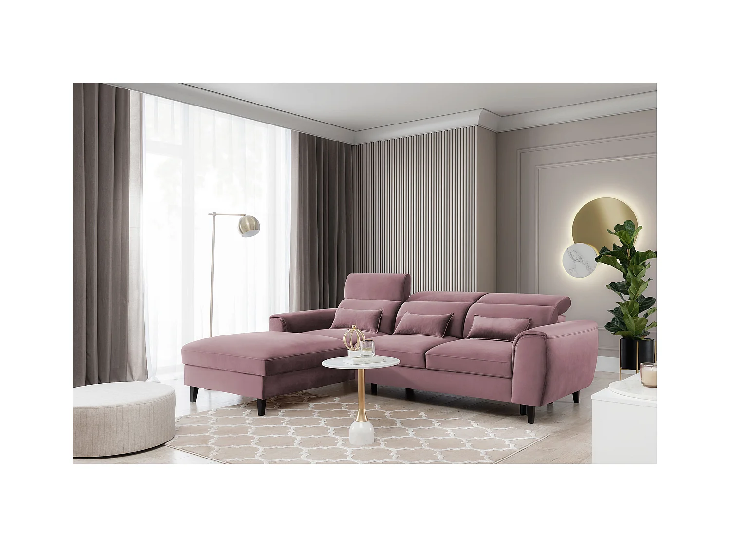 Canapé d'angle convertible velours appuis-tête réglables ASTORIA - Coffre et pieds bois noir-Vieux rose-angle gauche