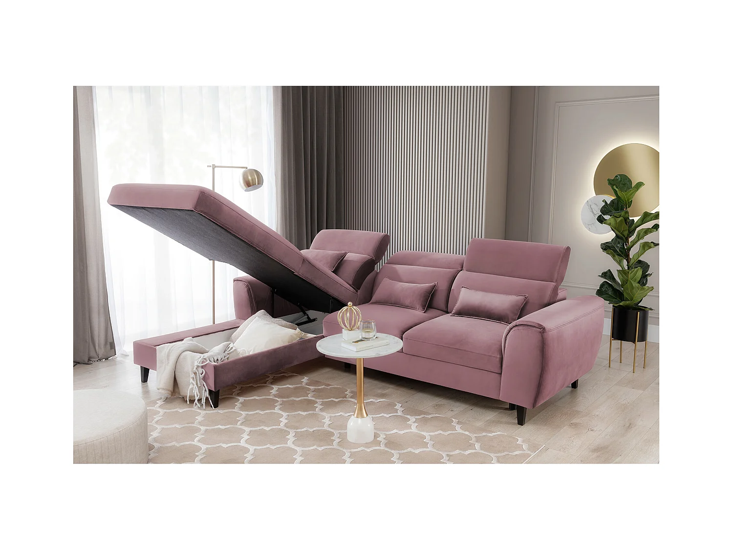 Canapé d'angle convertible velours appuis-tête réglables ASTORIA - Coffre et pieds bois noir-Vieux rose-angle gauche