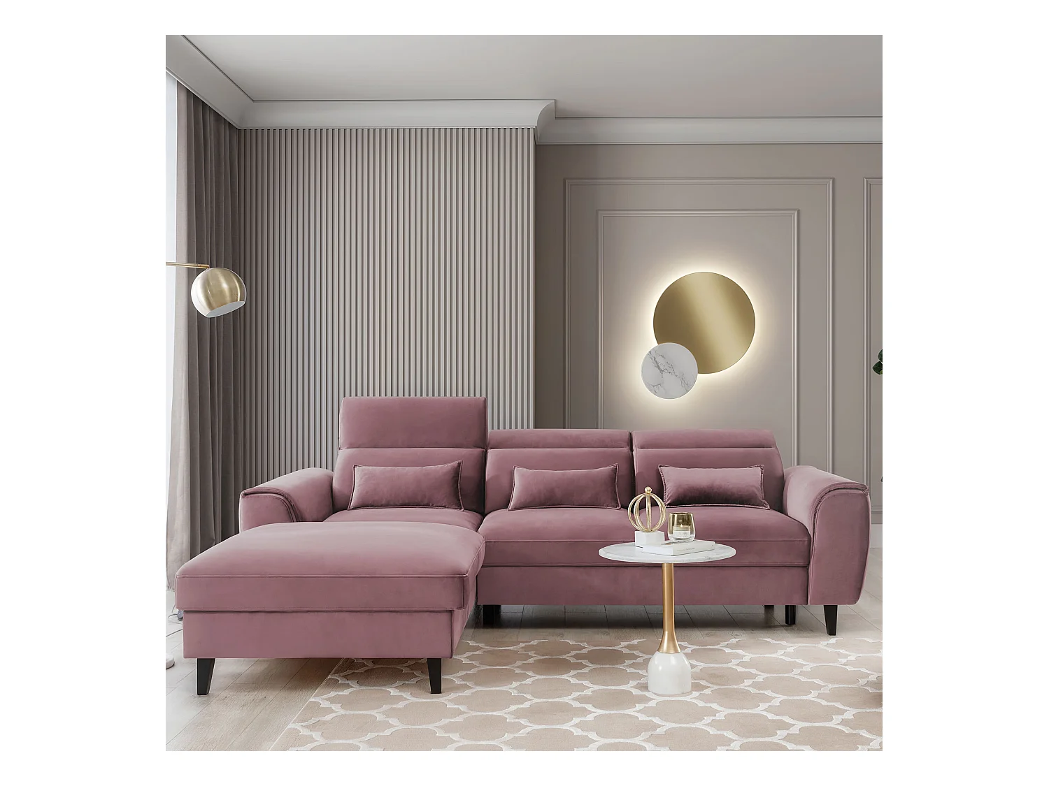 Canapé d'angle convertible velours appuis-tête réglables ASTORIA - Coffre et pieds bois noir-Vieux rose-angle gauche