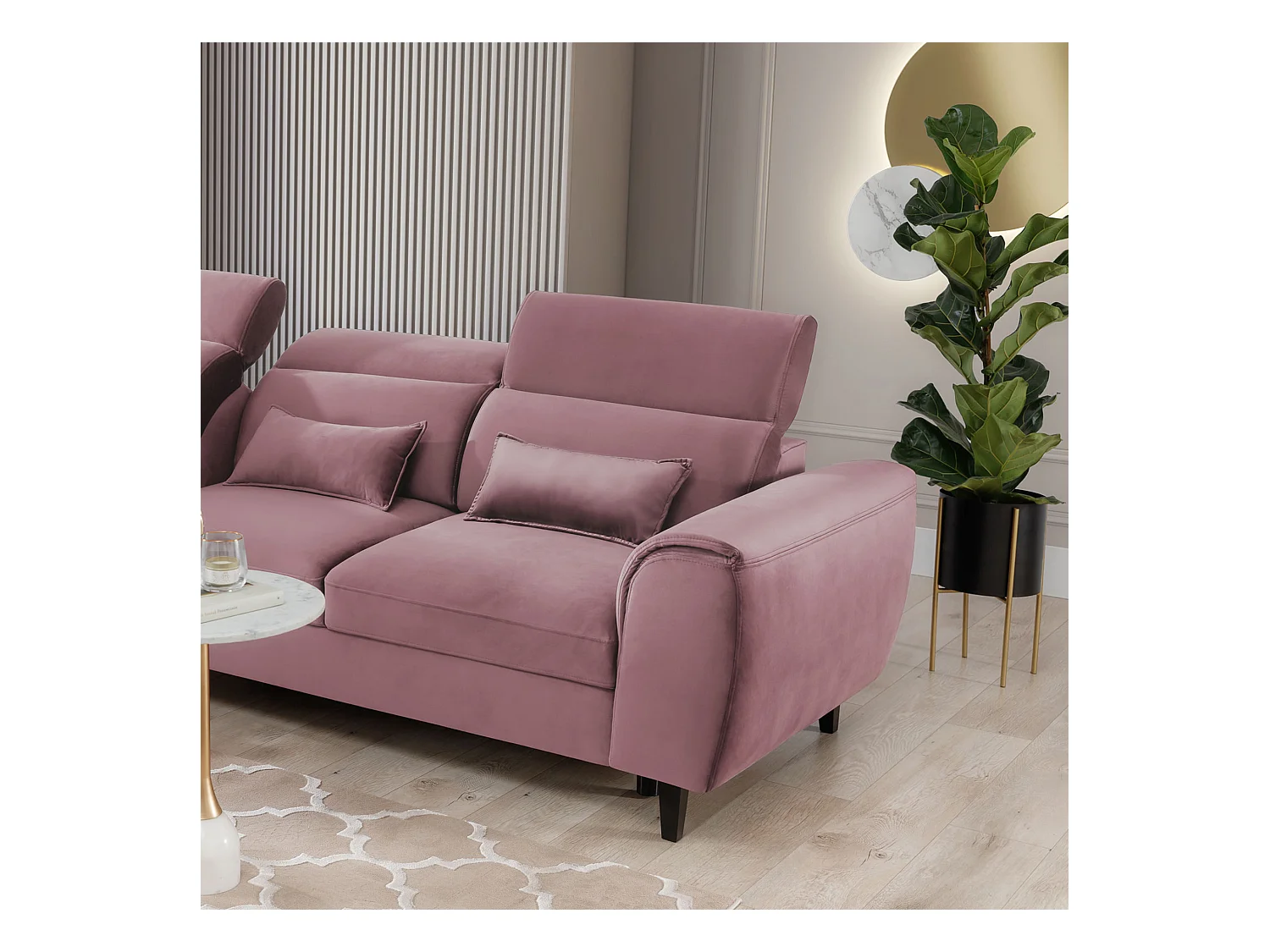 Canapé d'angle convertible velours appuis-tête réglables ASTORIA - Coffre et pieds bois noir-Vieux rose-angle gauche