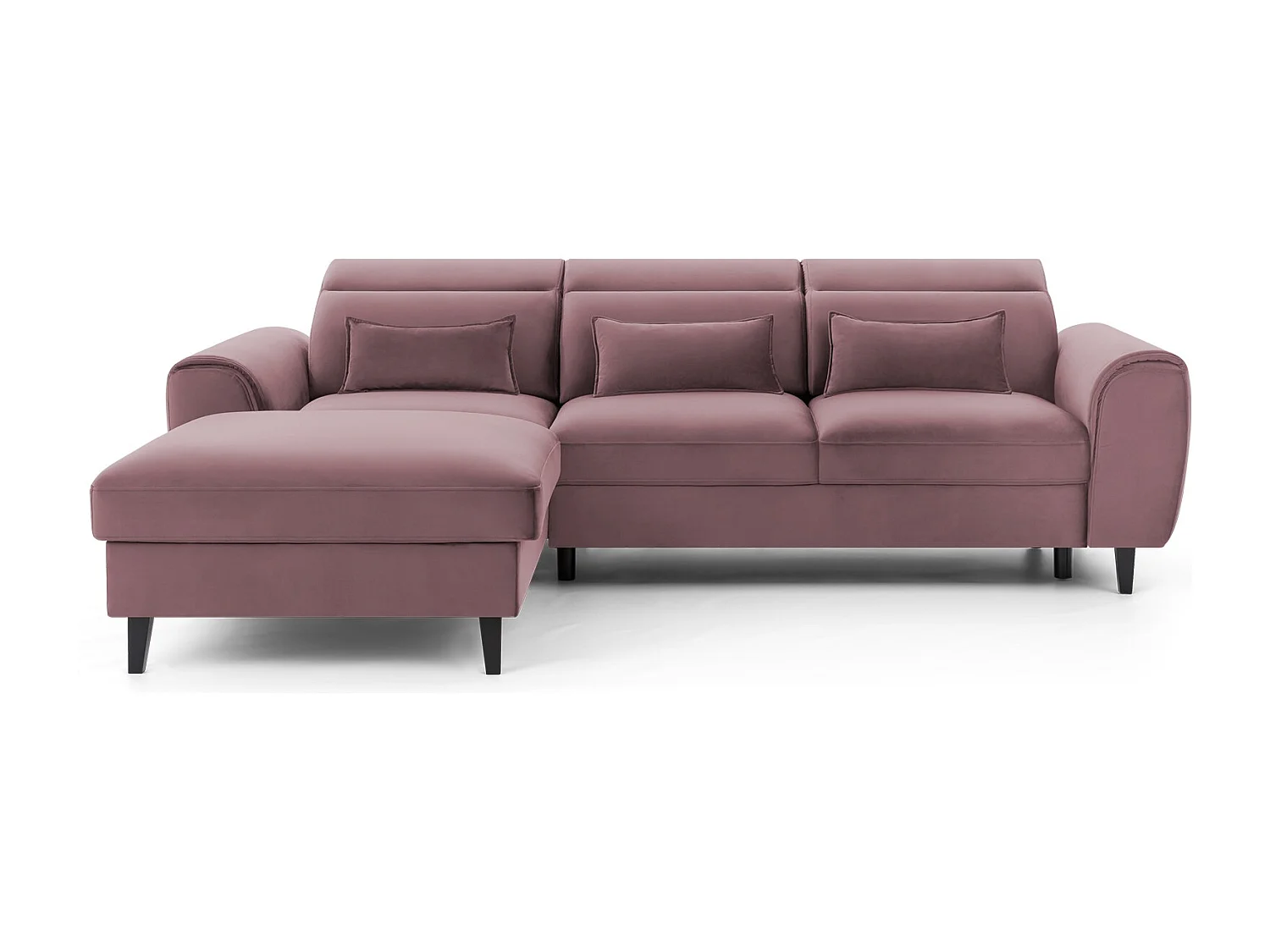 Canapé d'angle convertible velours appuis-tête réglables ASTORIA - Coffre et pieds bois noir-Vieux rose-angle gauche