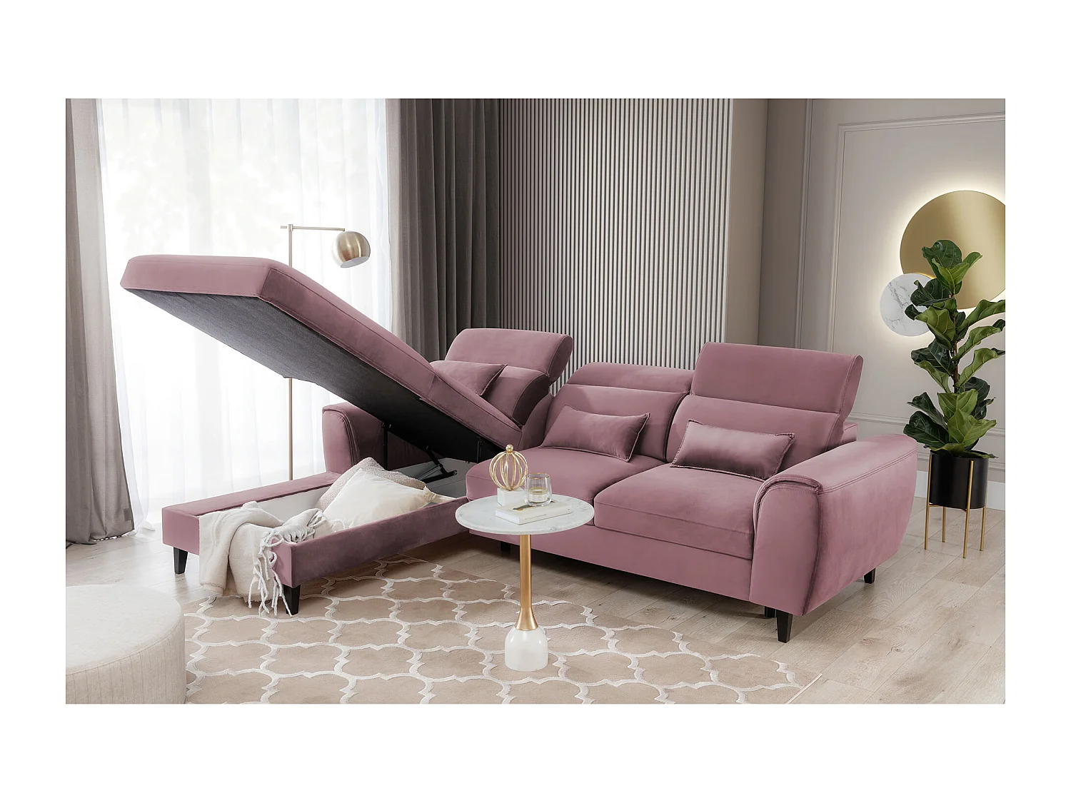 Canapé d'angle convertible velours appuis-tête réglables ASTORIA - Coffre et pieds bois noir-Vieux rose-angle gauche