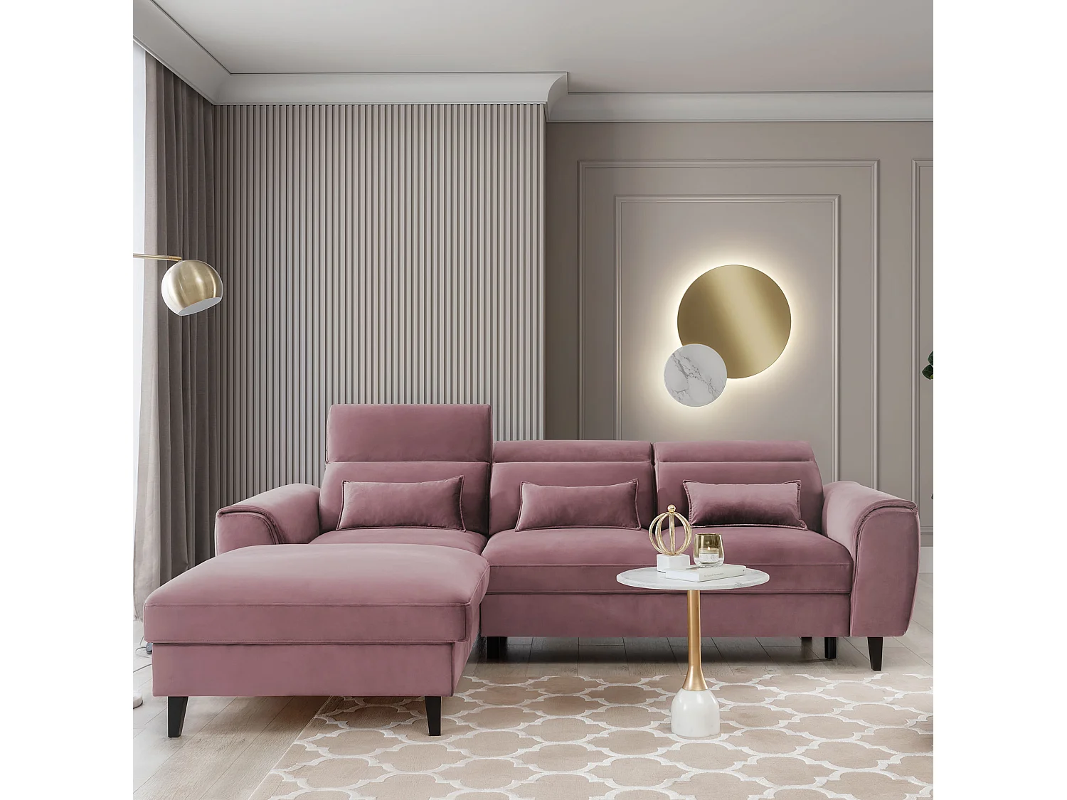 Canapé d'angle convertible velours appuis-tête réglables ASTORIA - Coffre et pieds bois noir-Vieux rose-angle gauche