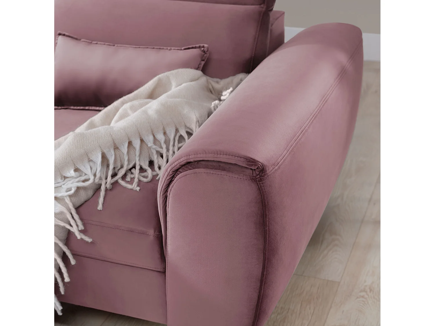 Canapé d'angle convertible velours appuis-tête réglables ASTORIA - Coffre et pieds bois noir-Vieux rose-angle gauche