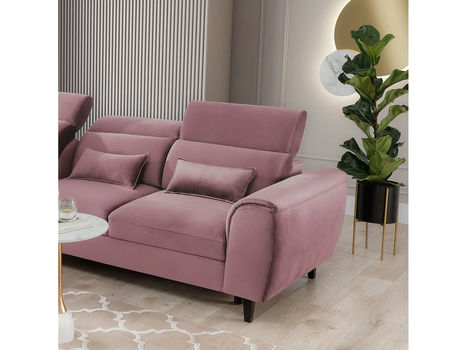 Canapé d'angle convertible velours appuis-tête réglables ASTORIA - Coffre et pieds bois noir-Vieux rose-angle gauche