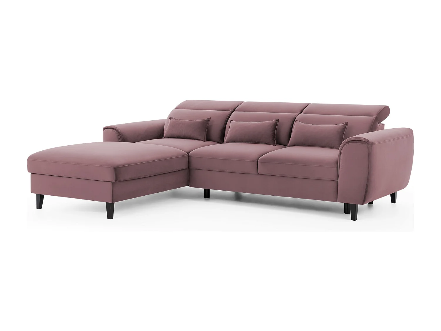 Canapé d'angle convertible velours appuis-tête réglables ASTORIA - Coffre et pieds bois noir-Vieux rose-angle gauche