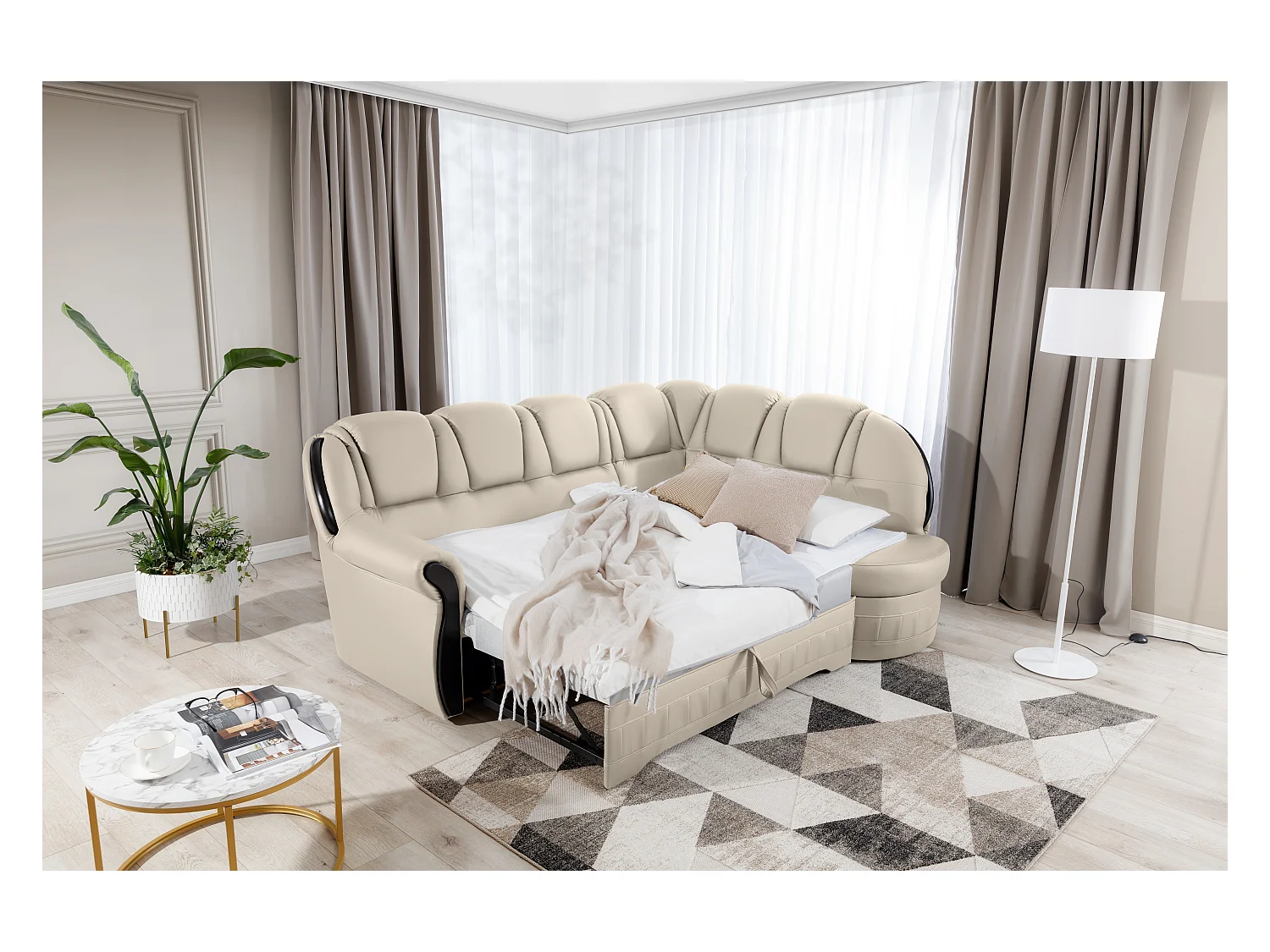 Canapé d'angle convertible avec rangement en simili cuir Majesté-Beige-angle gauche