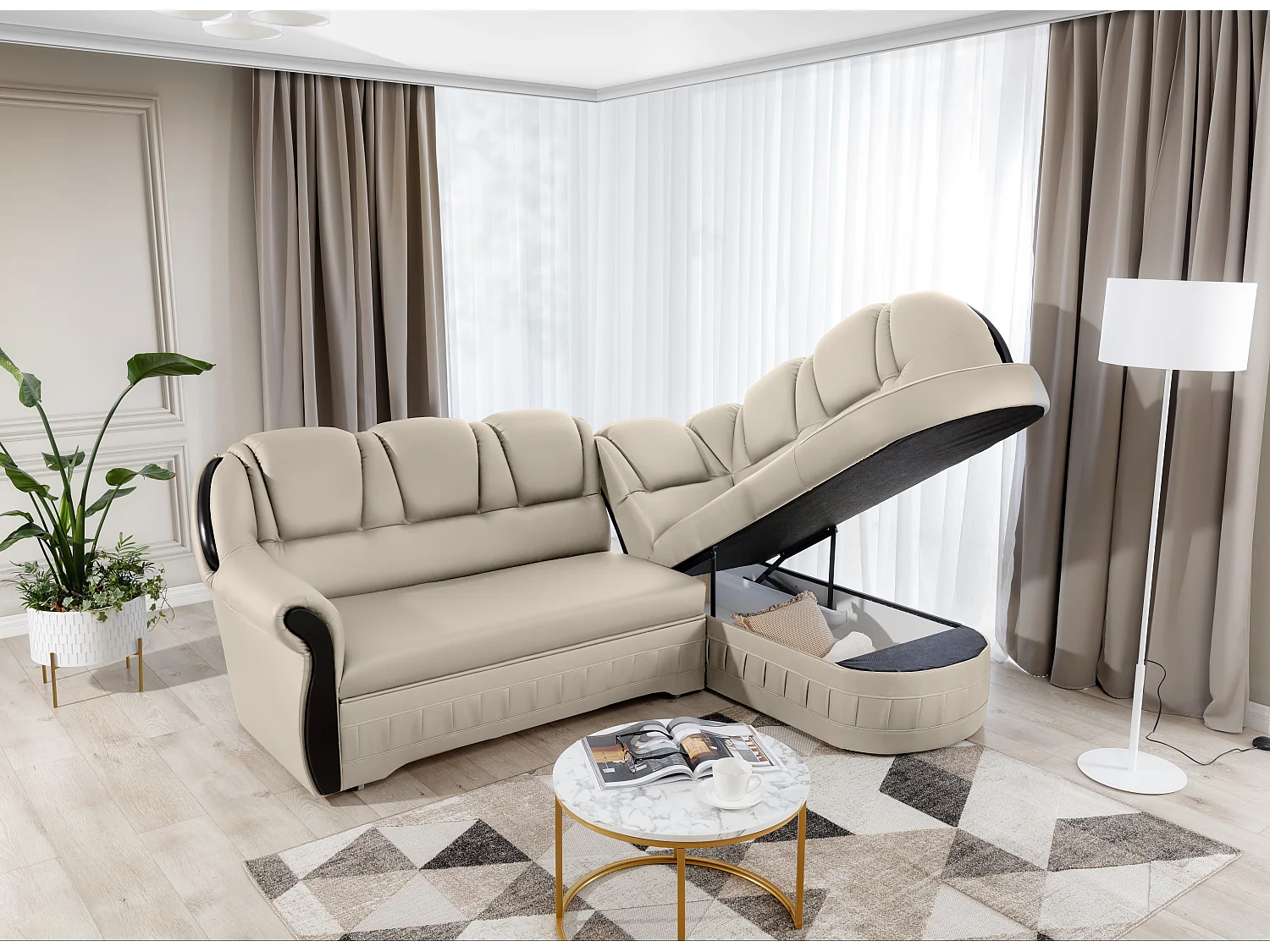 Canapé d'angle convertible avec rangement en simili cuir Majesté-Beige-angle gauche