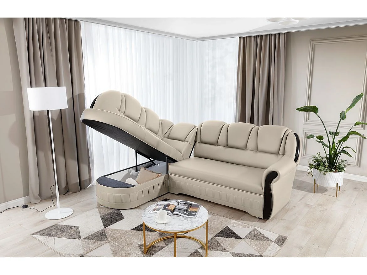 Canapé d'angle convertible avec rangement en simili cuir Majesté-Beige-angle gauche