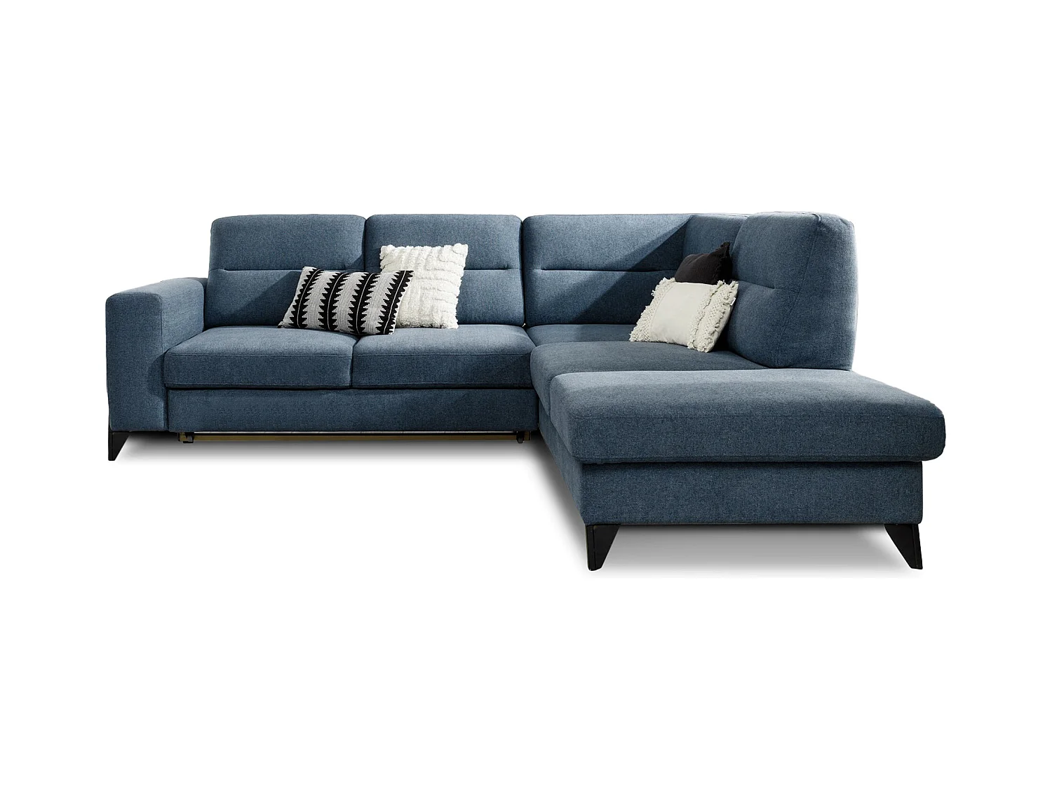 Canapé d'angle convertible tissu KAZAL - Dossiers réglables et pieds acier noir-Bleu charrette-angle droit