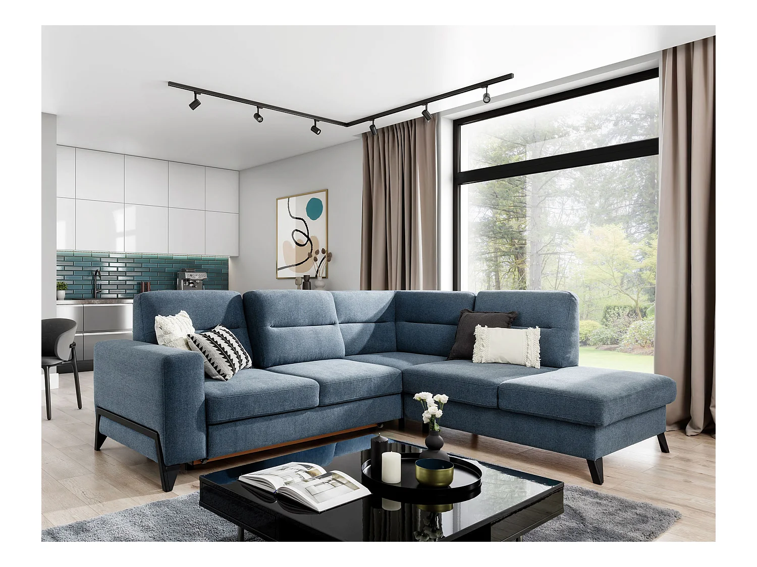 Canapé d'angle convertible tissu KAZAL - Dossiers réglables et pieds acier noir-Bleu charrette-angle droit