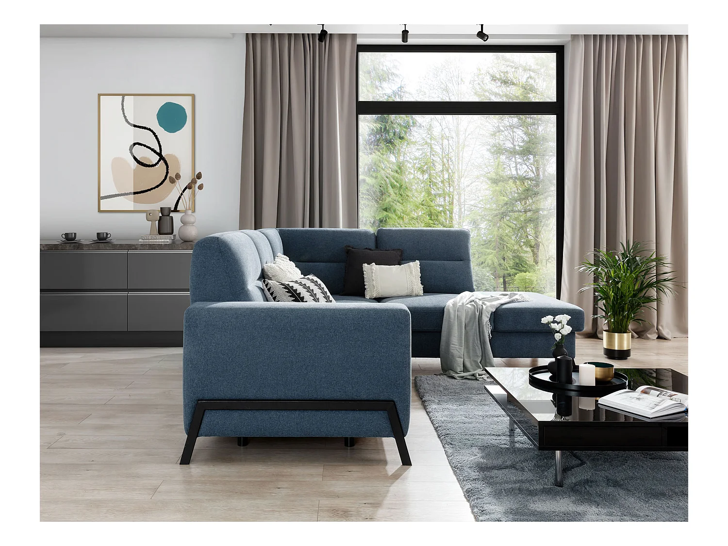 Canapé d'angle convertible tissu KAZAL - Dossiers réglables et pieds acier noir-Bleu charrette-angle droit