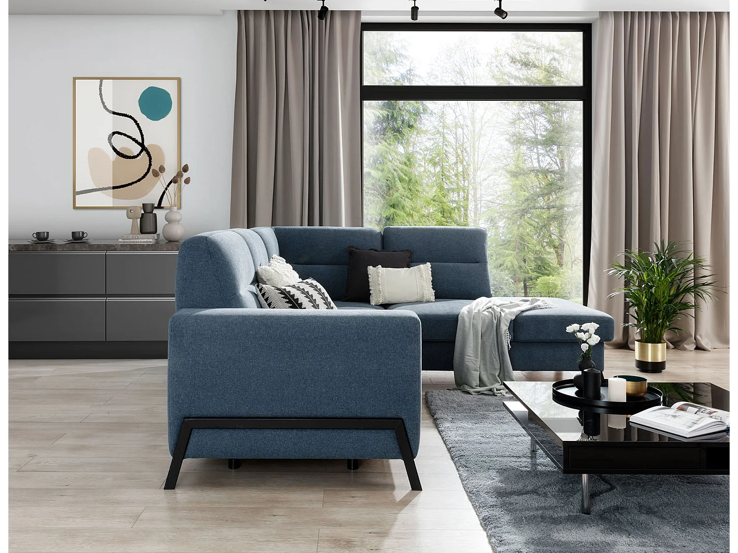 Canapé d'angle convertible tissu KAZAL - Dossiers réglables et pieds acier noir-Bleu charrette-angle droit