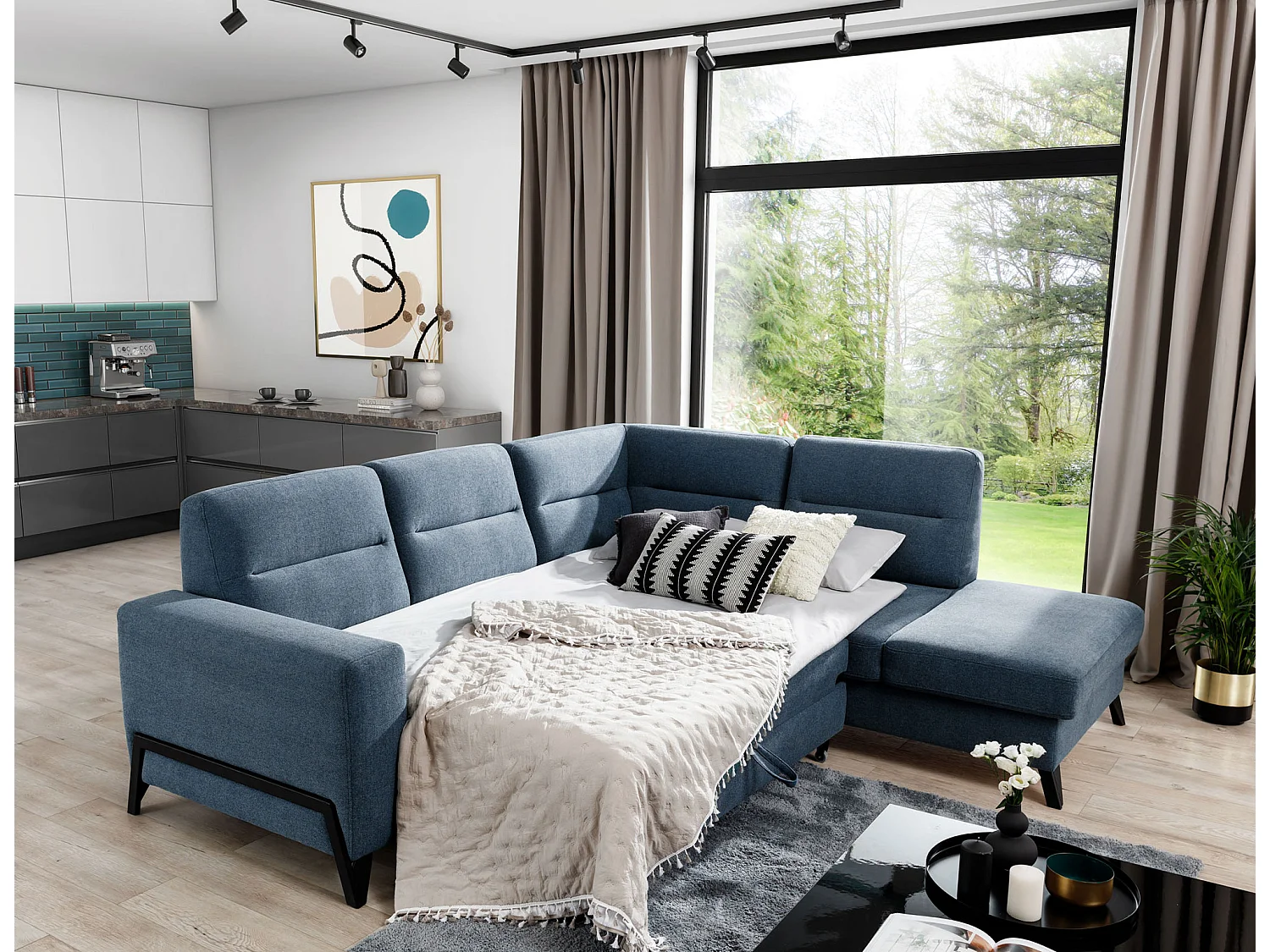 KAZAL stoffen omvormbare hoekbank - Verstelbare rugleuningen en zwarte stalen poten-Kleur Blauwe kar-juiste hoek