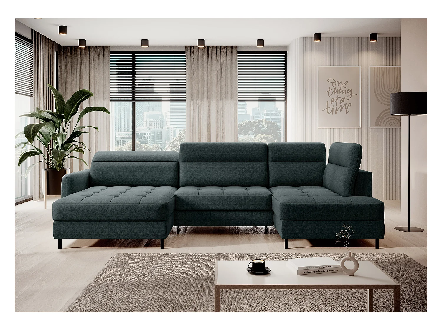 BENTO converteerbare panoramische stoffen bank met opbergvak-Kleur Keizerlijk Groen-linkerhoek