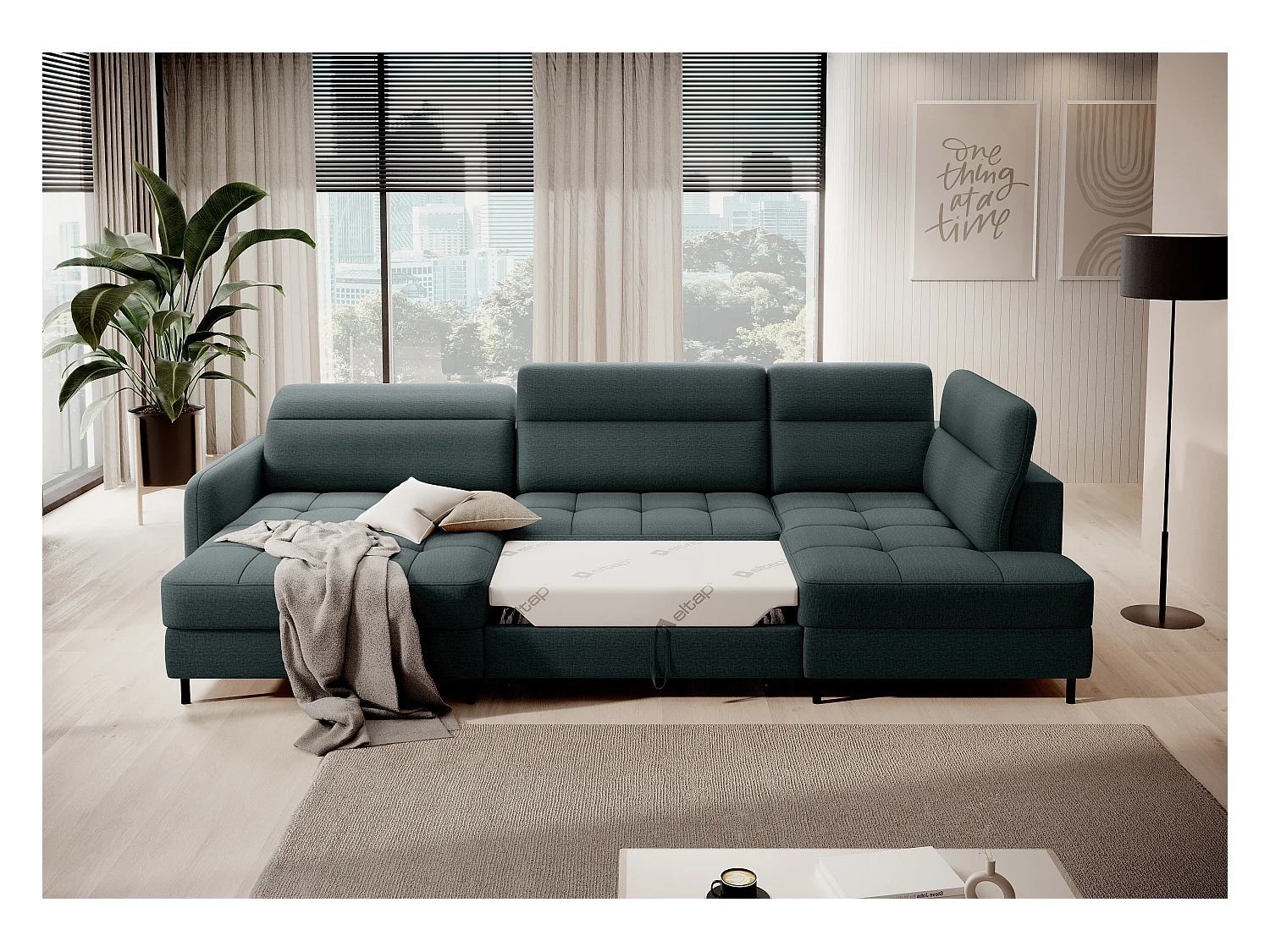 BENTO converteerbare panoramische stoffen bank met opbergvak-Kleur Keizerlijk Groen-linkerhoek