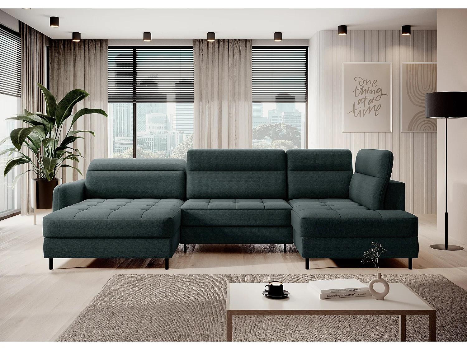 Canapé panoramique convertible BENTO en tissu avec coffre de rangement-Vert impérial-angle gauche