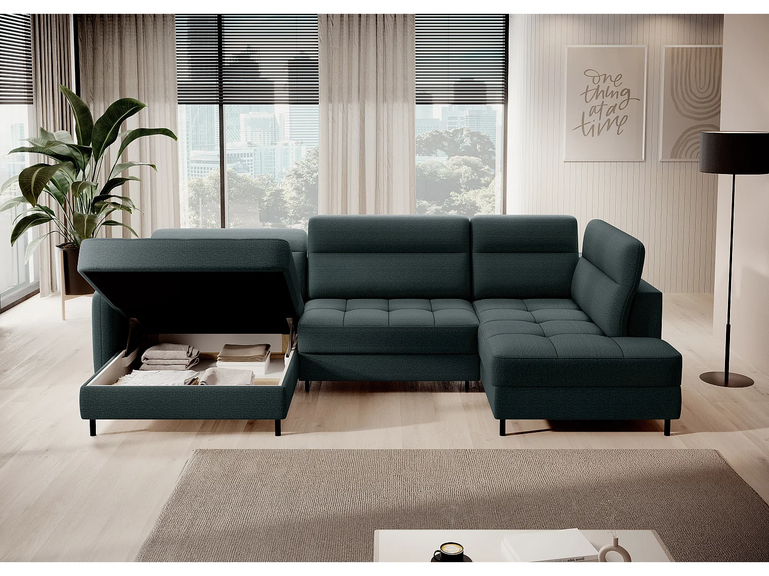 Canapé panoramique convertible BENTO en tissu avec coffre de rangement-Vert impérial-angle gauche