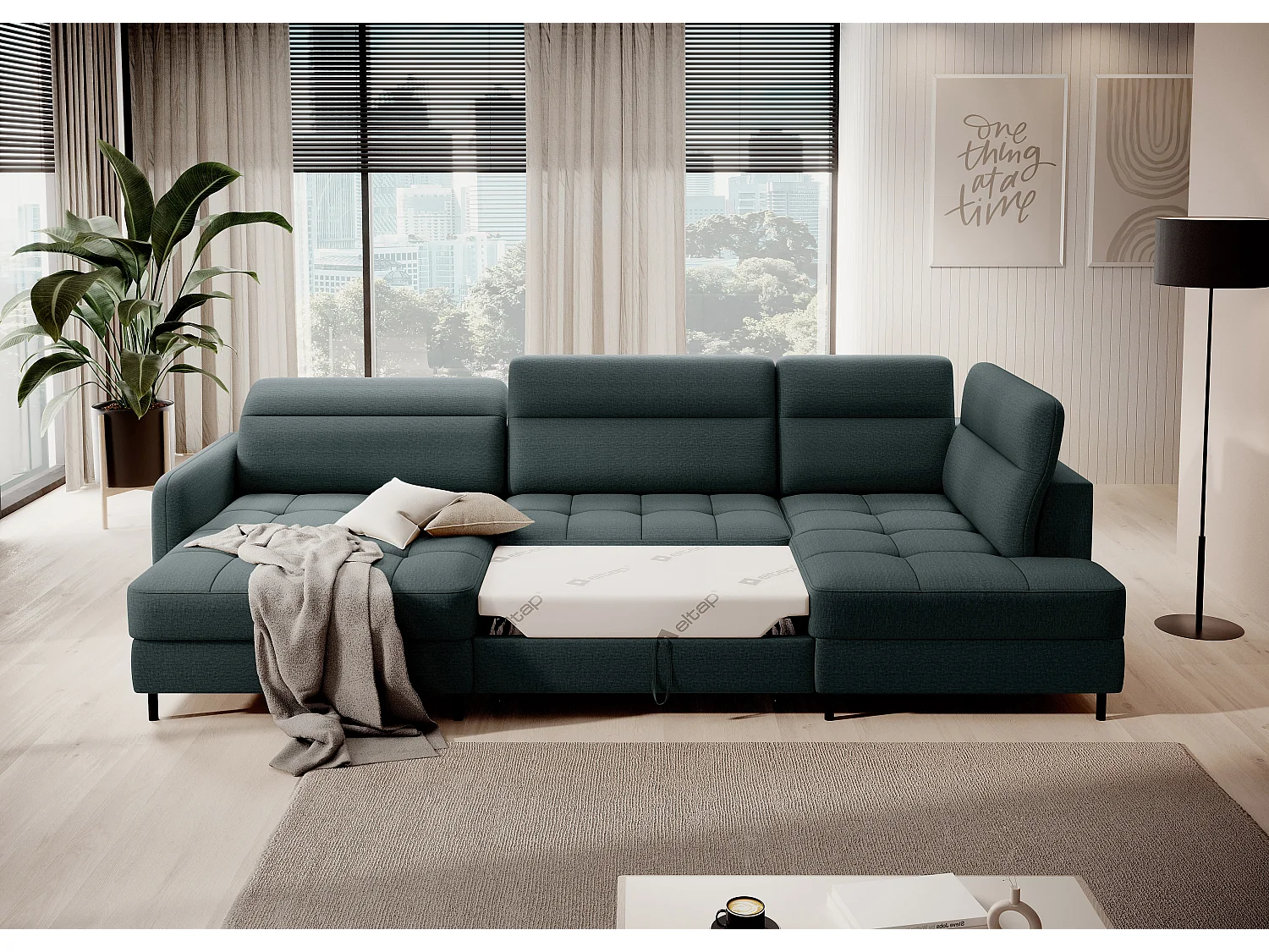 Canapé panoramique convertible BENTO en tissu avec coffre de rangement-Vert impérial-angle gauche