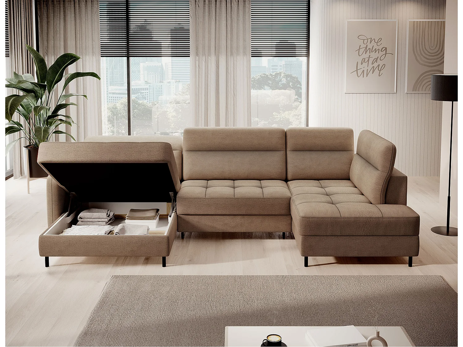 Canapé panoramique convertible BENTO en tissu avec coffre de rangement-Vert impérial-angle gauche