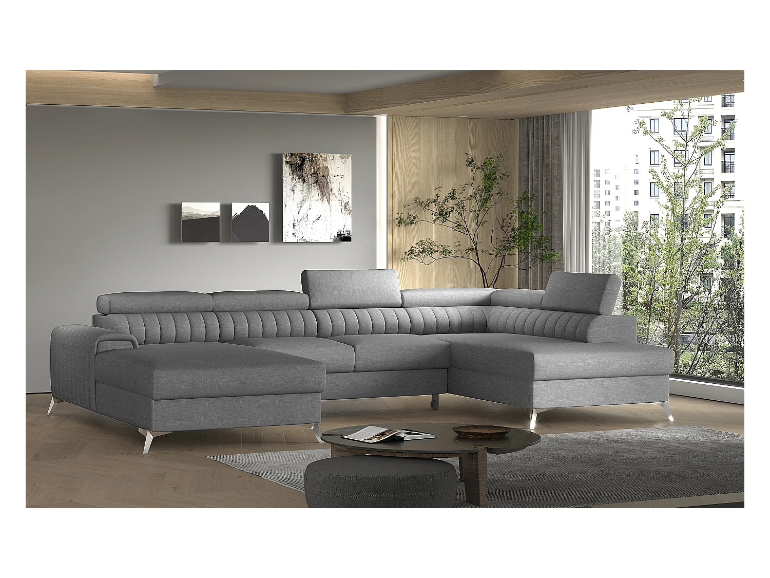 Canapé en U convertible KALANTE tissu - Coffre de rangement et appuie-têtes réglables-Gris clair-Coffre à droite