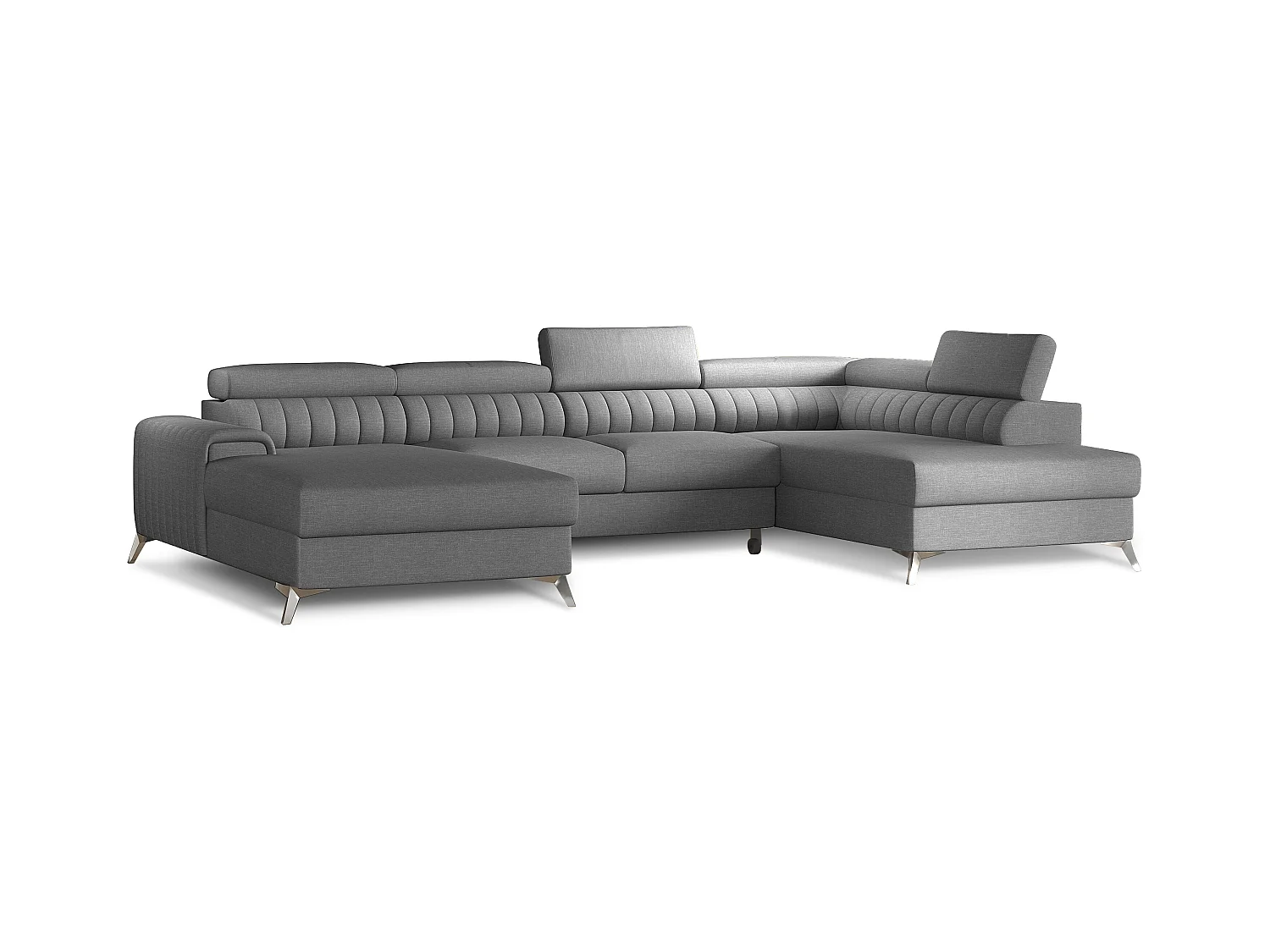 Canapé en U convertible KALANTE tissu - Coffre de rangement et appuie-têtes réglables-Gris clair-Coffre à droite